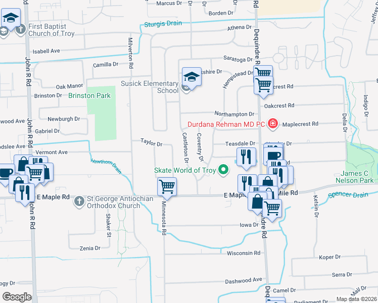 map of restaurants, bars, coffee shops, grocery stores, and more near 1784 Castleton Drive in Troy