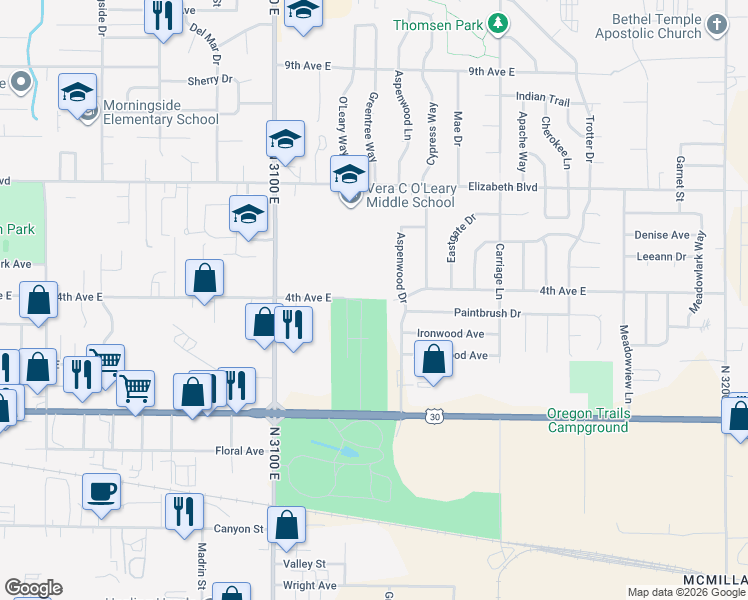 map of restaurants, bars, coffee shops, grocery stores, and more near 4th Avenue in Twin Falls