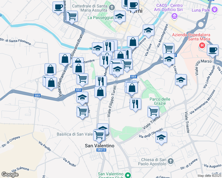 map of restaurants, bars, coffee shops, grocery stores, and more near 5 Via Don Luigi Sturzo in Terni