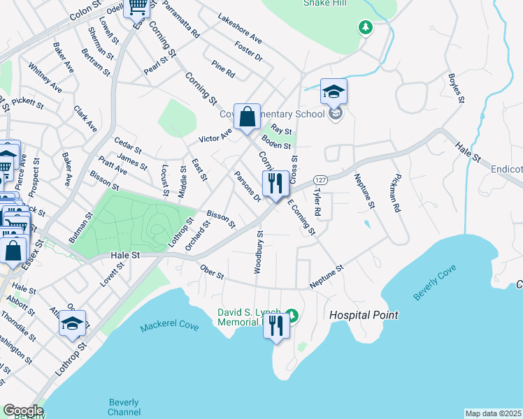 map of restaurants, bars, coffee shops, grocery stores, and more near 3 Hale Park Avenue in Beverly