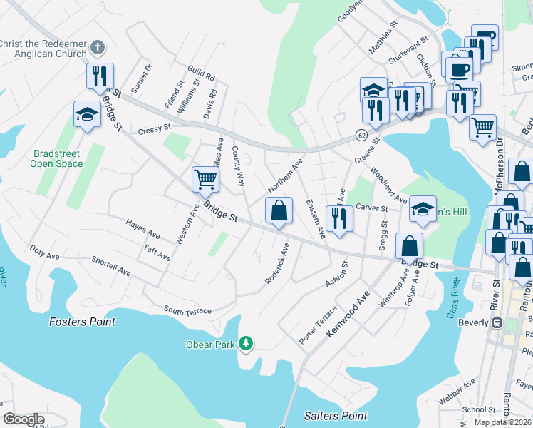 map of restaurants, bars, coffee shops, grocery stores, and more near 6 Hersey Avenue in Beverly