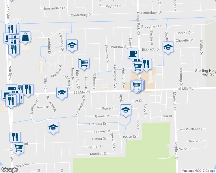 map of restaurants, bars, coffee shops, grocery stores, and more near 11255 15 Mile Road in Sterling Heights