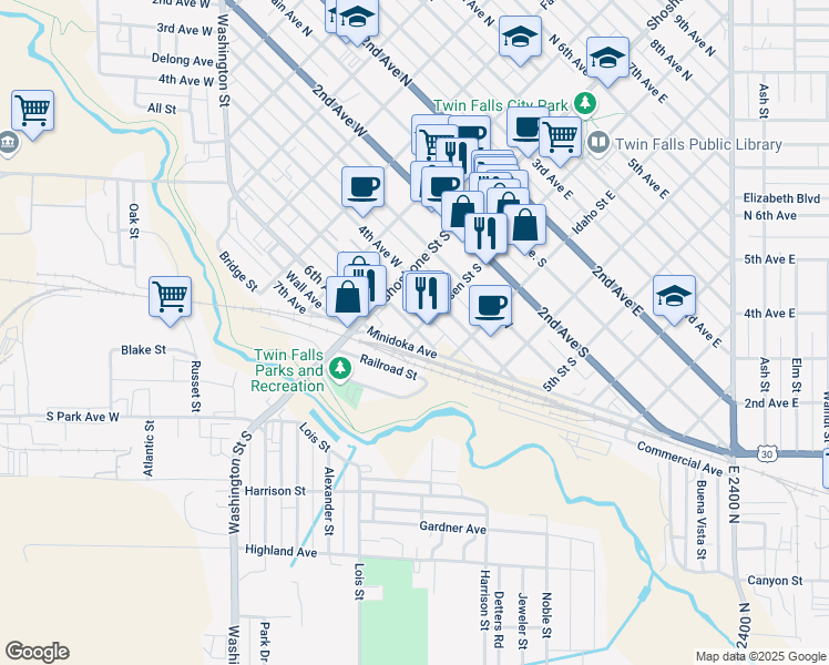 map of restaurants, bars, coffee shops, grocery stores, and more near 516 2nd Street South in Twin Falls
