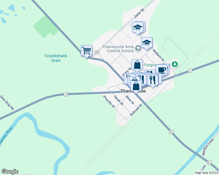 map of restaurants, bars, coffee shops, grocery stores, and more near 132 Sherman St in Thamesville