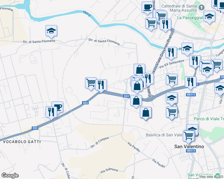 map of restaurants, bars, coffee shops, grocery stores, and more near 176 Via XX Settembre in Terni
