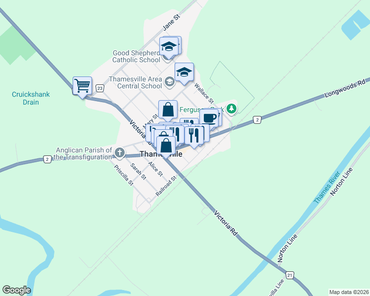 map of restaurants, bars, coffee shops, grocery stores, and more near 61 London Road in Thamesville