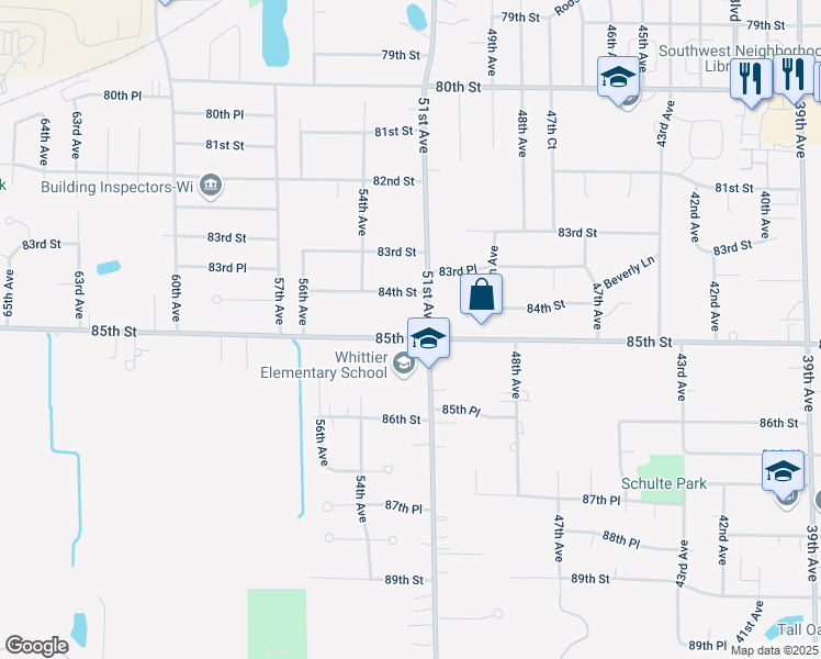 map of restaurants, bars, coffee shops, grocery stores, and more near 8432 Cooper Road in Kenosha