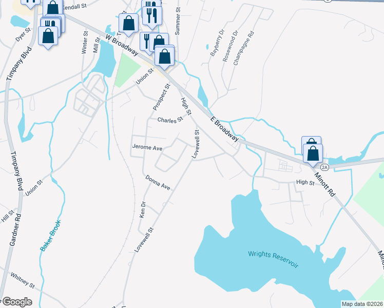 map of restaurants, bars, coffee shops, grocery stores, and more near 57 Lovewell Street in Gardner
