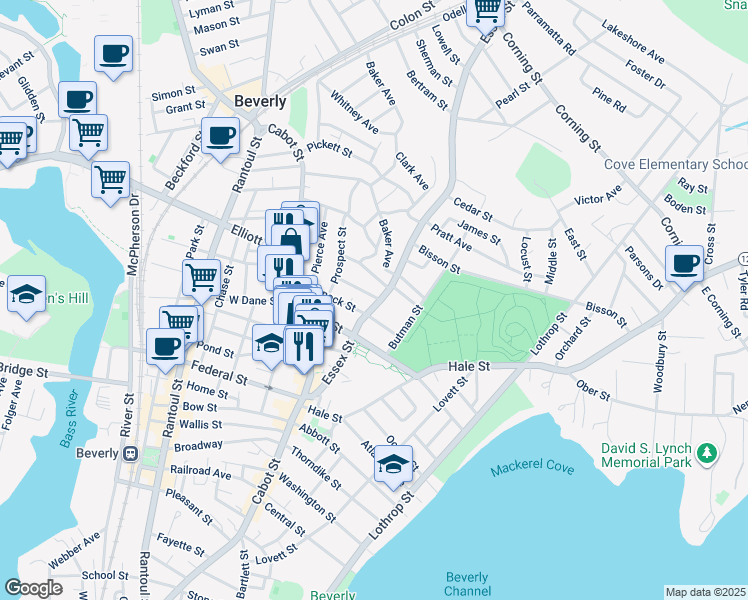 map of restaurants, bars, coffee shops, grocery stores, and more near 52 Essex Street in Beverly
