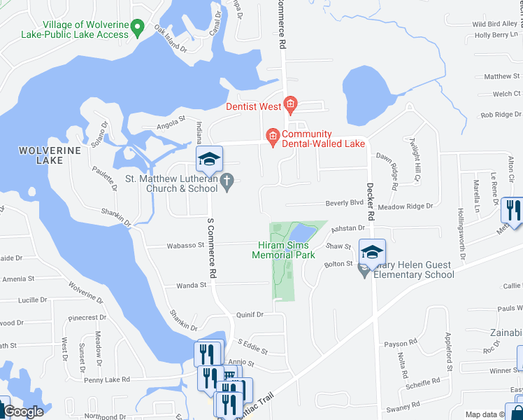 map of restaurants, bars, coffee shops, grocery stores, and more near 2037 Hidden Meadows Drive in Walled Lake