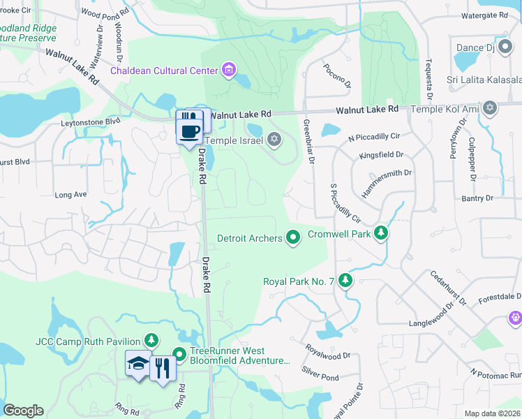 map of restaurants, bars, coffee shops, grocery stores, and more near 5725 Ridgewood Road in Oakland County