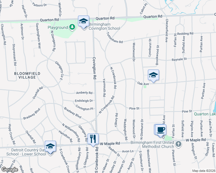 map of restaurants, bars, coffee shops, grocery stores, and more near 852 Yarmouth Road in Bloomfield Hills