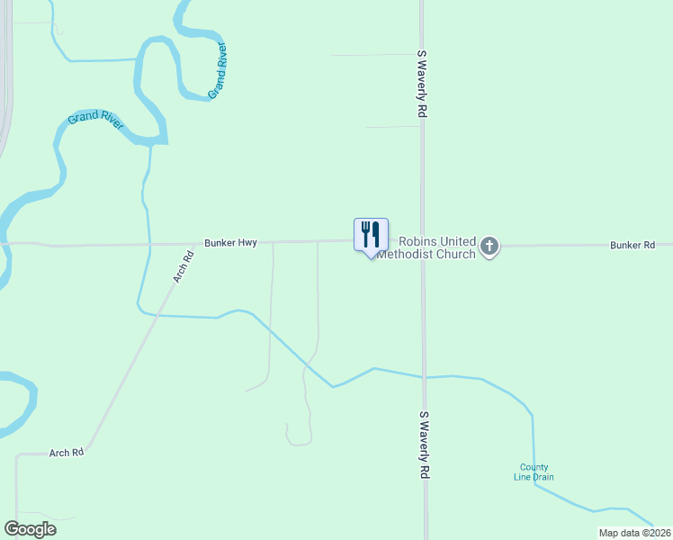 map of restaurants, bars, coffee shops, grocery stores, and more near 11784 Bunker Highway in Eaton Rapids