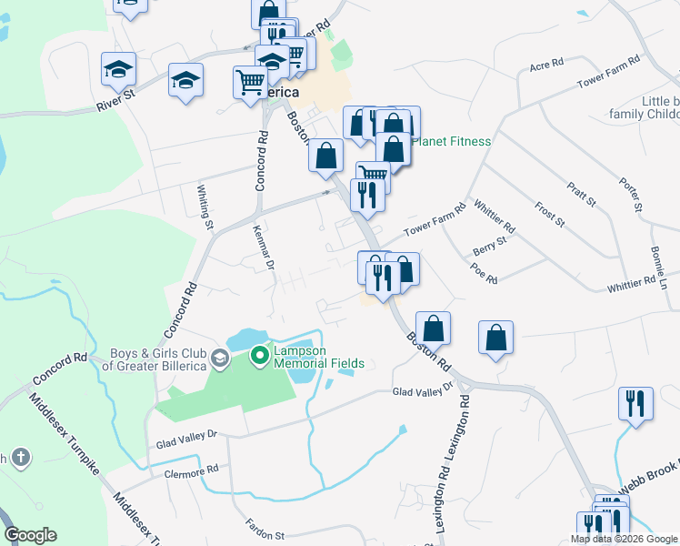 map of restaurants, bars, coffee shops, grocery stores, and more near 20 Kenmar Drive in Billerica