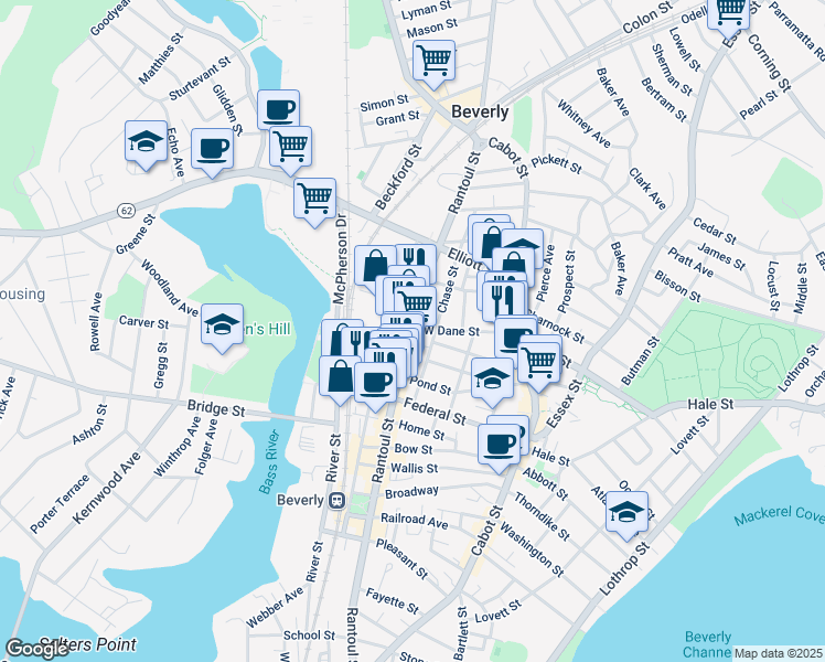 map of restaurants, bars, coffee shops, grocery stores, and more near 344 Rantoul Street in Beverly