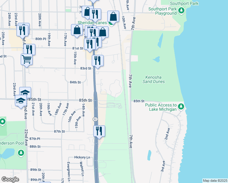 map of restaurants, bars, coffee shops, grocery stores, and more near 920 85th Street in Kenosha