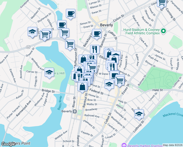 map of restaurants, bars, coffee shops, grocery stores, and more near 344 Rantoul Street in Beverly