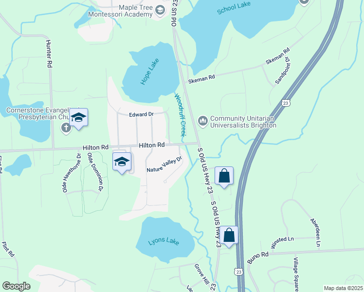 map of restaurants, bars, coffee shops, grocery stores, and more near 9900 Hilton Road in Brighton