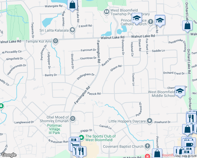 map of restaurants, bars, coffee shops, grocery stores, and more near 5791 Farmington Road in Oakland County