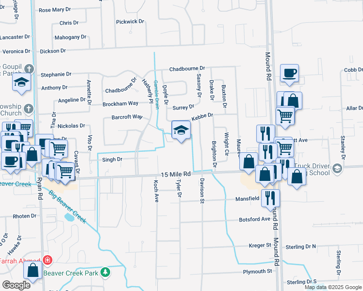 map of restaurants, bars, coffee shops, grocery stores, and more near 35201 Davison Street in Sterling Heights