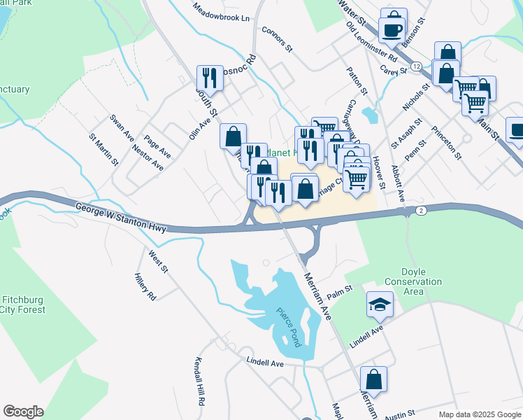 map of restaurants, bars, coffee shops, grocery stores, and more near 866 Merriam Avenue in Leominster