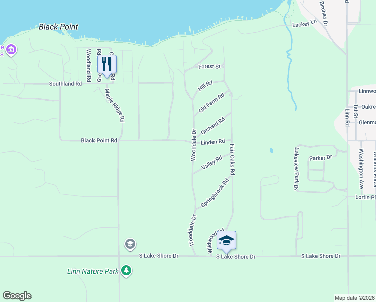 map of restaurants, bars, coffee shops, grocery stores, and more near N1665 Wooddale Drive in Lake Geneva