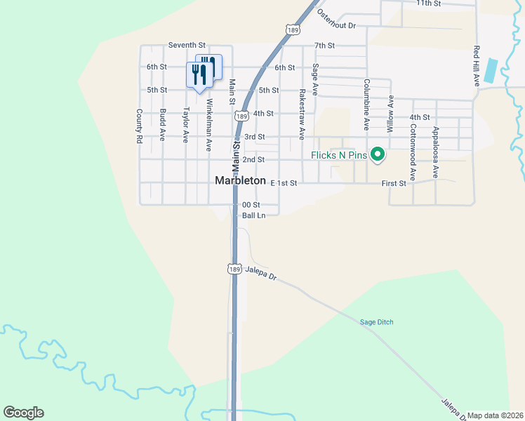 map of restaurants, bars, coffee shops, grocery stores, and more near 13-125 Ball Lane in Big Piney