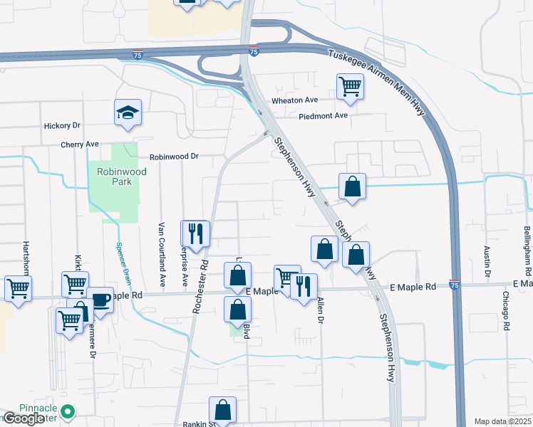 map of restaurants, bars, coffee shops, grocery stores, and more near 1110 Woodslee Drive in Troy