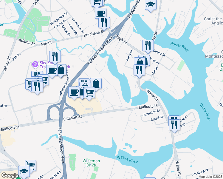 map of restaurants, bars, coffee shops, grocery stores, and more near 22 Clinton Avenue in Danvers