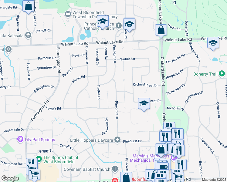 map of restaurants, bars, coffee shops, grocery stores, and more near 5931 Barnstable Court in West Bloomfield Township
