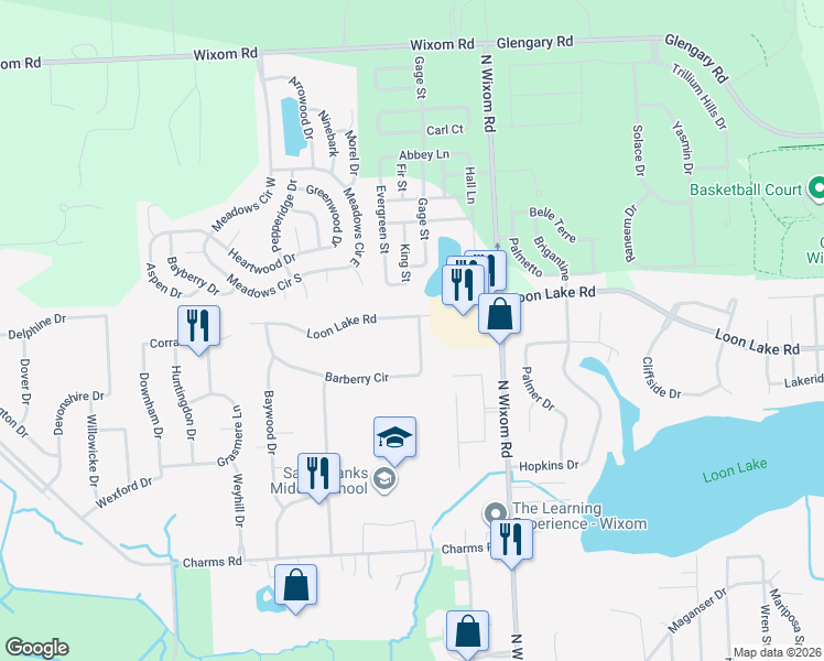 map of restaurants, bars, coffee shops, grocery stores, and more near 3510 Barberry Circle in Wixom