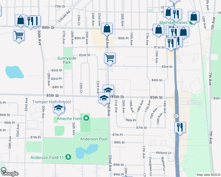 map of restaurants, bars, coffee shops, grocery stores, and more near 8433 22nd Avenue in Kenosha
