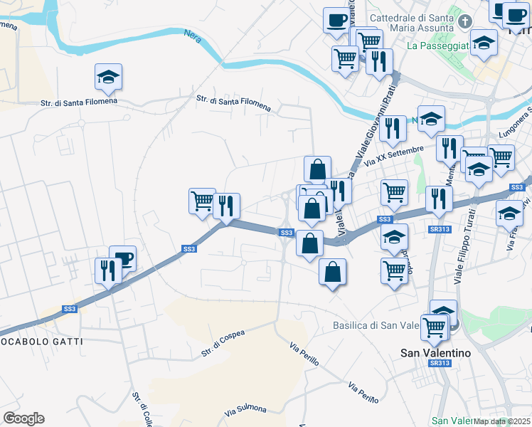 map of restaurants, bars, coffee shops, grocery stores, and more near 176 Via XX Settembre in Terni