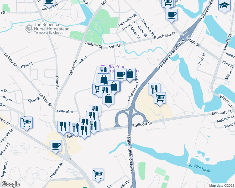 map of restaurants, bars, coffee shops, grocery stores, and more near 230 Independence Way in Danvers
