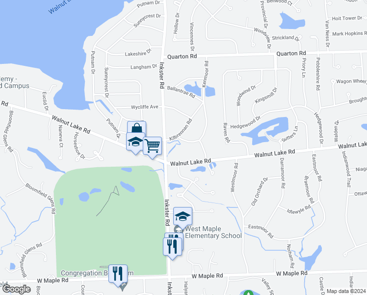 map of restaurants, bars, coffee shops, grocery stores, and more near 4855 Inveray Road in Bloomfield Hills