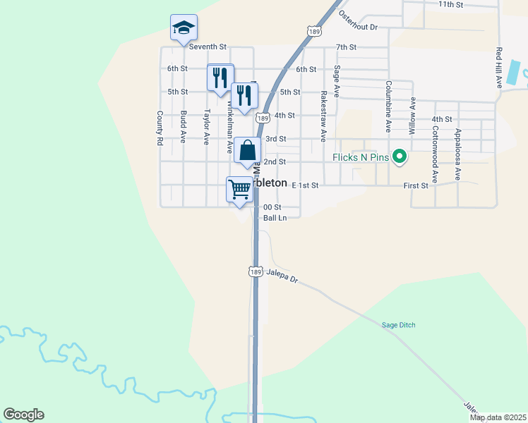 map of restaurants, bars, coffee shops, grocery stores, and more near 15 Bill Budd Road in Big Piney