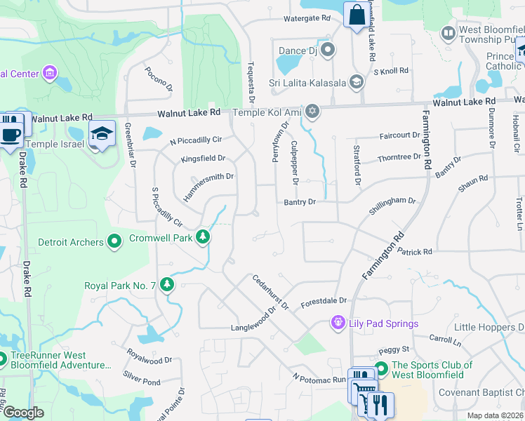 map of restaurants, bars, coffee shops, grocery stores, and more near 5827 Beauchamp in West Bloomfield Township