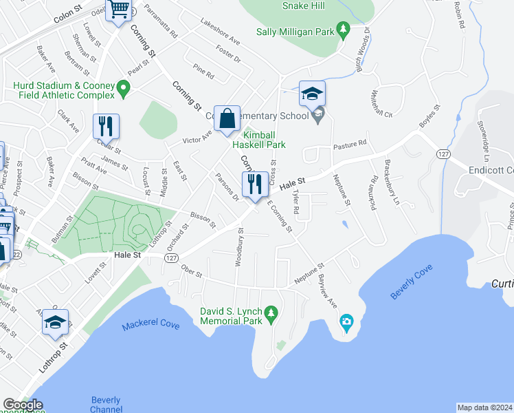 map of restaurants, bars, coffee shops, grocery stores, and more near 151 Hale Street in Beverly