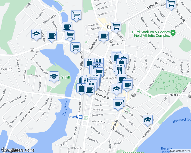 map of restaurants, bars, coffee shops, grocery stores, and more near 40 West Dane Street in Beverly