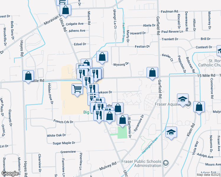 map of restaurants, bars, coffee shops, grocery stores, and more near 16193 Clarkson Drive in Fraser