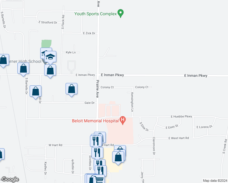 map of restaurants, bars, coffee shops, grocery stores, and more near 1976 Colony Court in Beloit