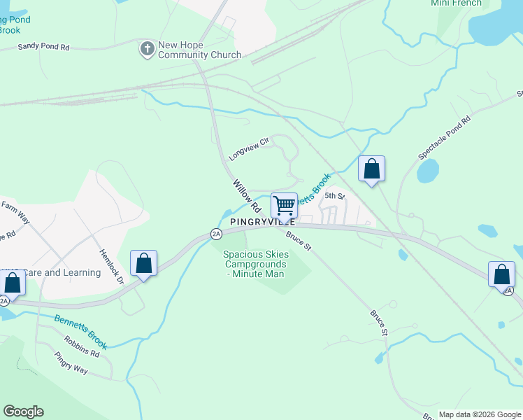 map of restaurants, bars, coffee shops, grocery stores, and more near 64 Willow Road in Ayer