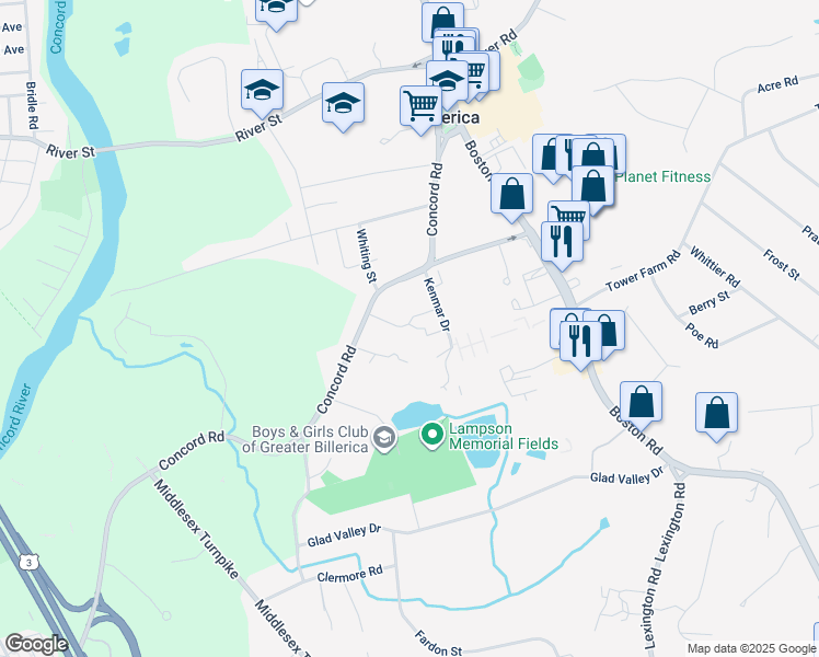 map of restaurants, bars, coffee shops, grocery stores, and more near 5 Karen Circle in Billerica