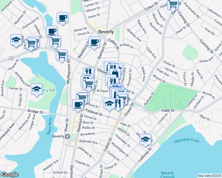 map of restaurants, bars, coffee shops, grocery stores, and more near 292 Cabot Street in Beverly