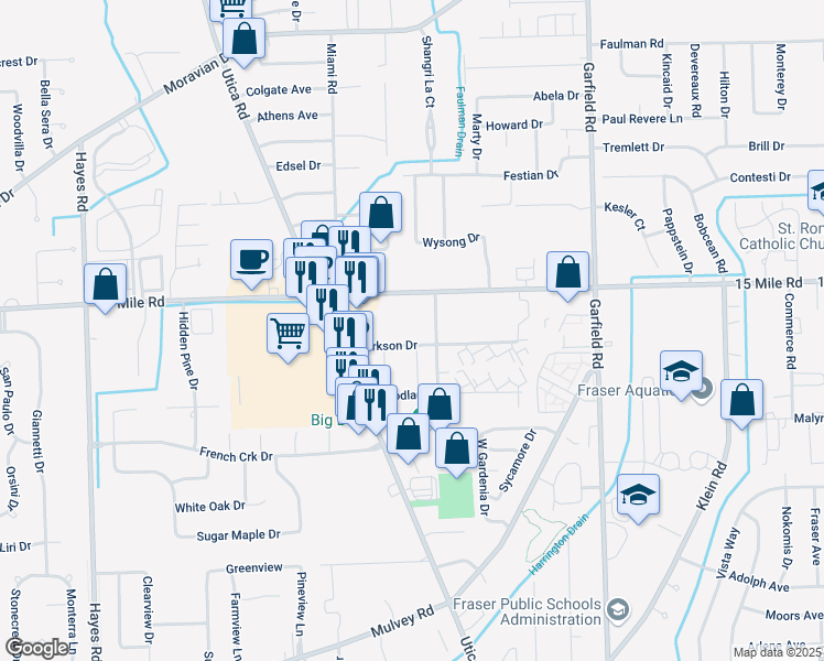 map of restaurants, bars, coffee shops, grocery stores, and more near 16193 Clarkson Drive in Fraser