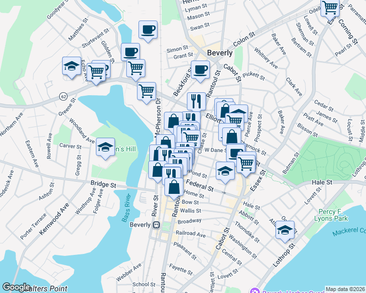 map of restaurants, bars, coffee shops, grocery stores, and more near 122 Park Street in Beverly