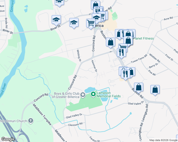 map of restaurants, bars, coffee shops, grocery stores, and more near 5 Karen Circle in Billerica