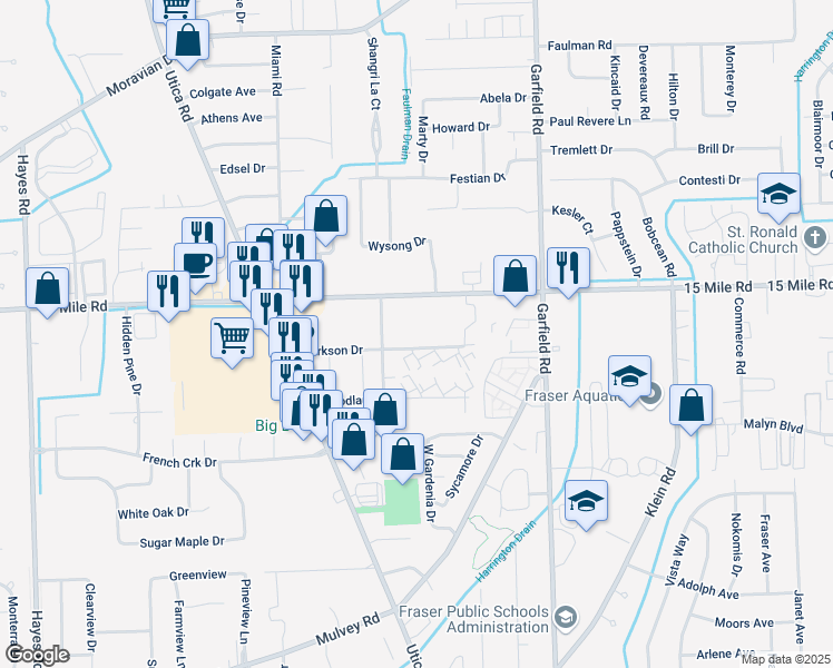 map of restaurants, bars, coffee shops, grocery stores, and more near 16454 Clarkson Drive in Fraser