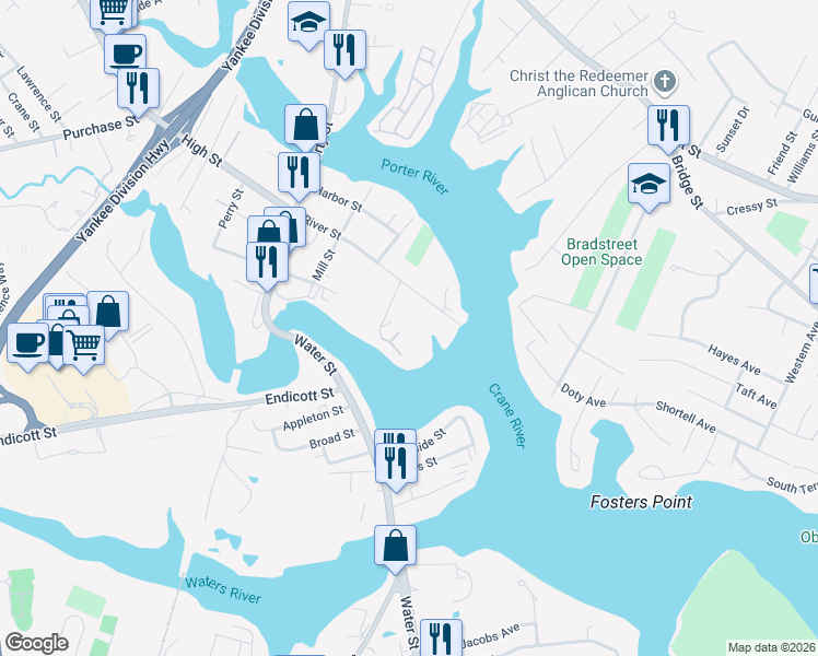 map of restaurants, bars, coffee shops, grocery stores, and more near 4 McDewell Avenue in Danvers