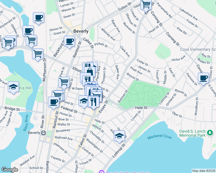 map of restaurants, bars, coffee shops, grocery stores, and more near 23 Charnock Street in Beverly